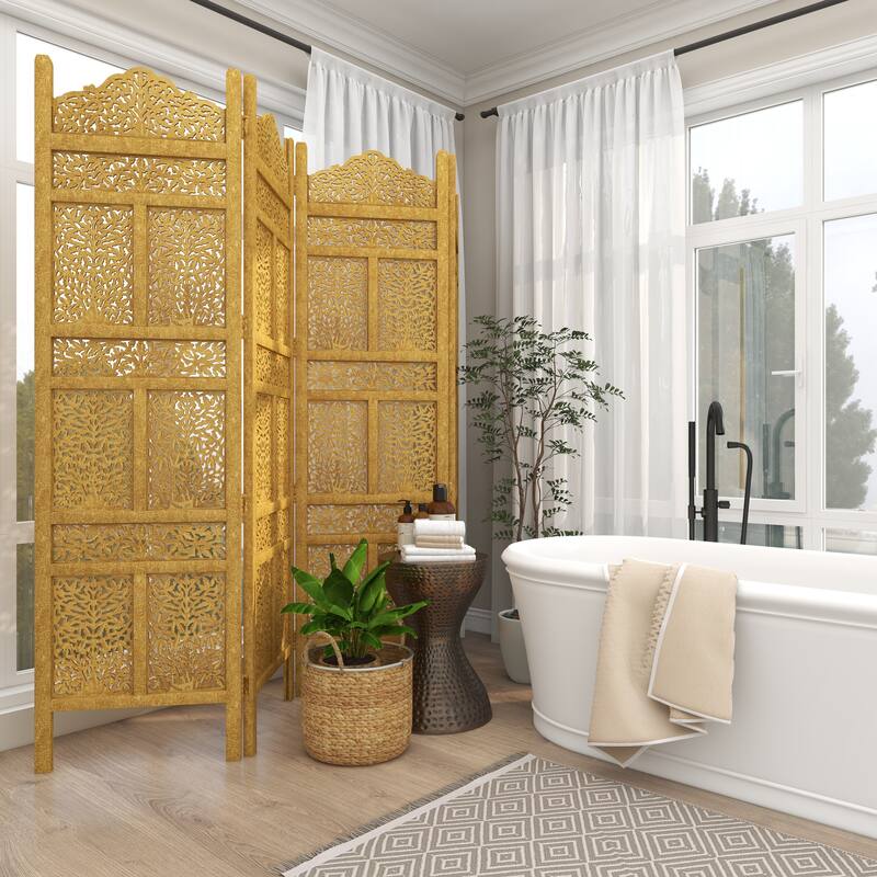 Wooden Floral Handmade Foldable 4 Panel Room Divider Screen with Foiled Intricately Carved Designs - Gold - Roche River Decor