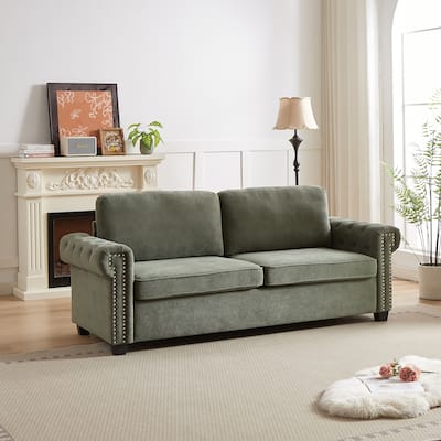 Green 83.8" 2-in-1 Polyester 3-seater Nailheads Convertible Pullout Sofa Bed with Folding Mattress for Living Room