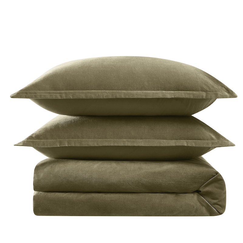 Brooklyn Loom Matte Cotton Velvet Comforter Set - Green - Full - Queen - 3 Piece