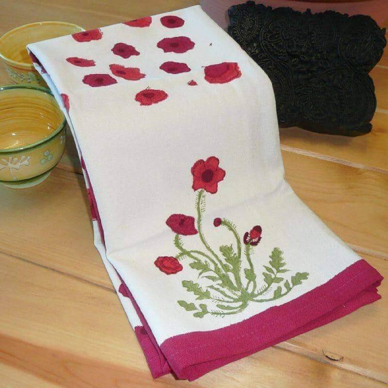 Couleur Nature Poppies Tea Towels - Set of 3 - Red/Green - 20" x 30" - Red/Green