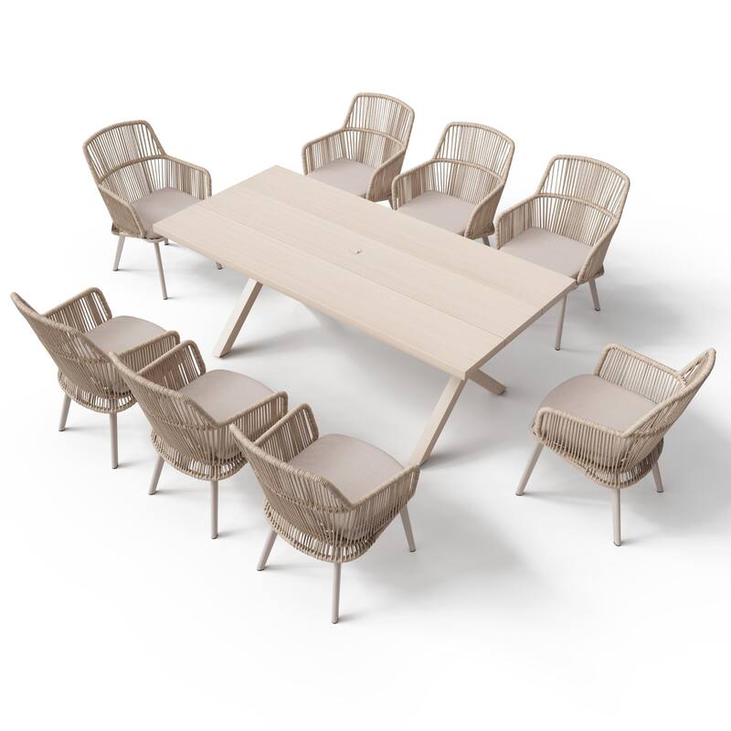 Outdoor Patio Dining Sets with PE Wicker Chairs and X-leg Aluminum Dining Table for 8 Persons