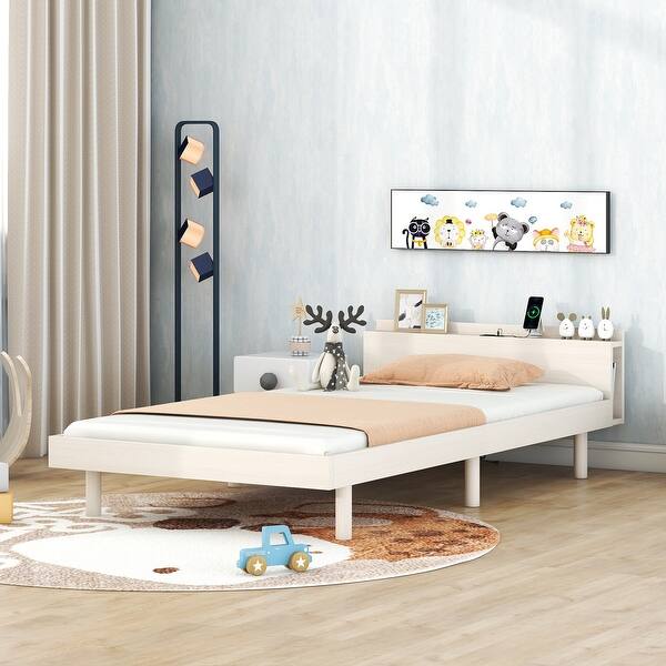 slide 2 of 32, Twin Size Platform Bed Frame with USB Ports and Storage Headboard White Washed - Twin