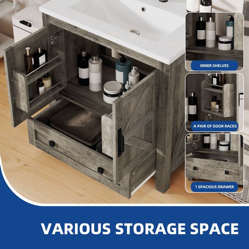 Moasis 30" Farmhouse Bathroom Vanity With Sink,Small Space Bathroom Storage Cabinet with Barn Doors