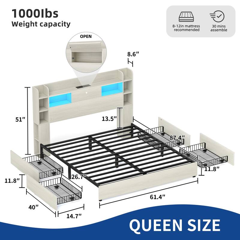 Moasis LED Bed Frame with Bookcase Headboard, 4 Storage Drawers and Type-C USB Charging Station