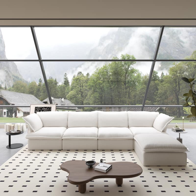 163“ L-Shaped Linen Sectional Sofa Modern Comfortable Sofa - White