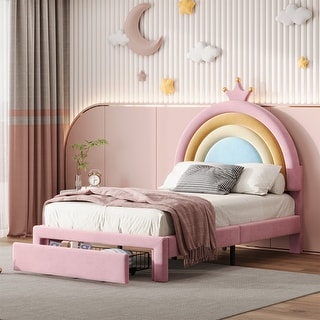 Twin/Full Size Upholstered Kids Platform Bed Frame with Rainbow Design Headboard, Velvet Princess Bed with Storage Drawer