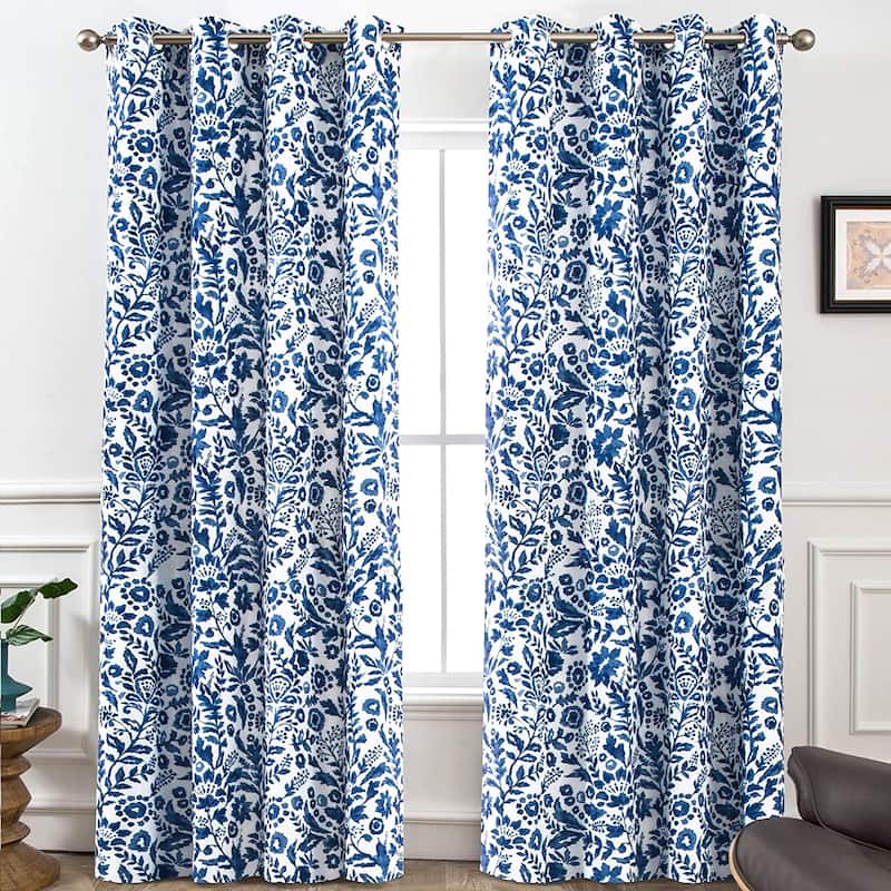 Porch & Den Ouzel Floral Watercolor Blackout Lined Window Curtain Panel Pair - 52" width X 96 " length - Navy