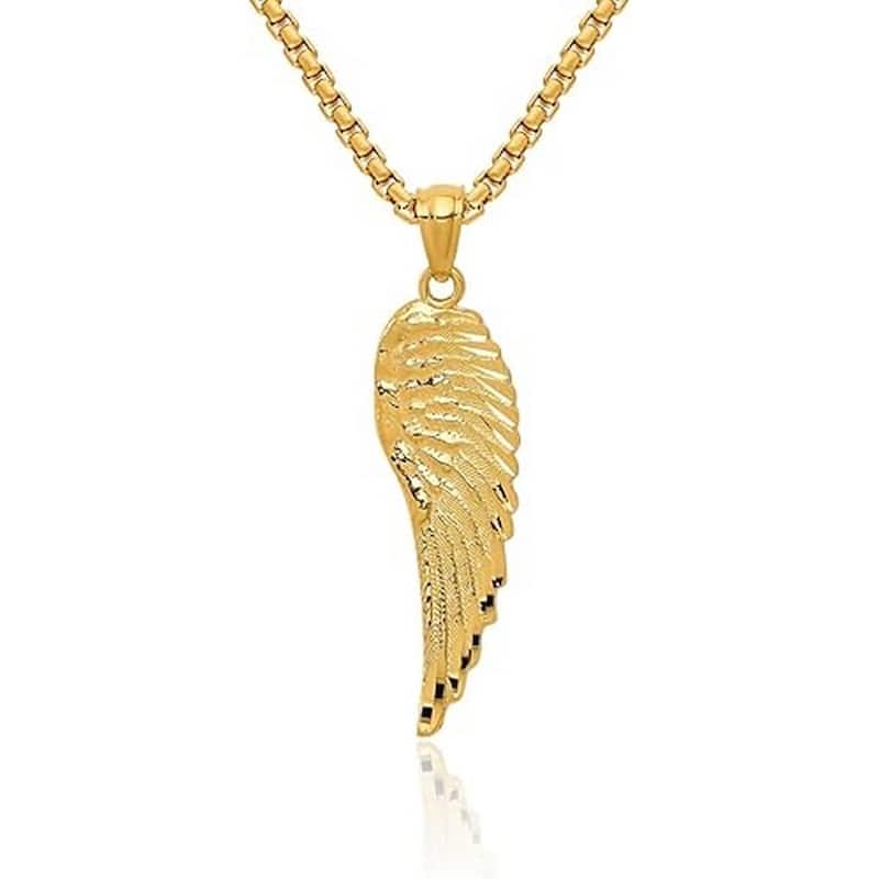Curata 14k Yellow or White Gold 18" 32mm Textured Guardian Angel Wing Necklace - Yellow