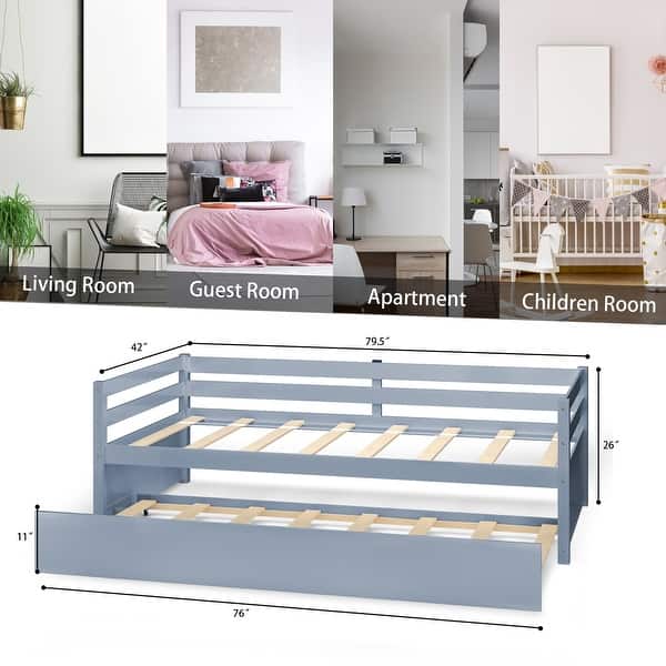 dimension image slide 3 of 4, Costway Twin Size Trundle Daybed Wooden Slat Support Mattress Platform