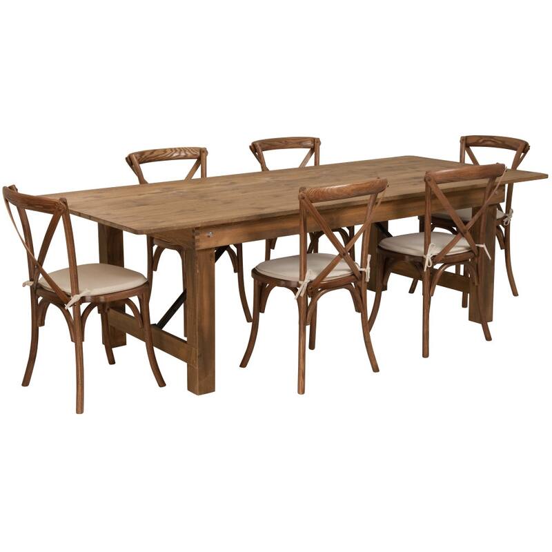 8' x 40" Rustic Folding Farm Table Set with 6 Cross Back Chairs and Cushions
