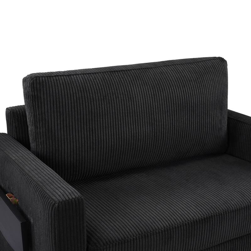 Twin Size Convertible Sleeper Sofa with Foldable Table, USB Ports and Lumbar Pillows, Black Corduroy