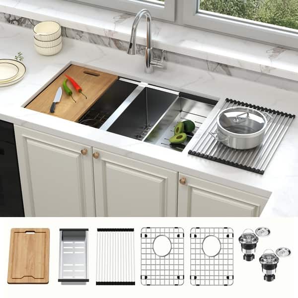 slide 2 of 9, 32 in Double Dowl Kitchen Sink Undermount, 32x19 Workstation Sink 50/50 Stainless Steel with Accessories Combo - 32''x19''x10'' 32''x19''x10'' - stainless steel