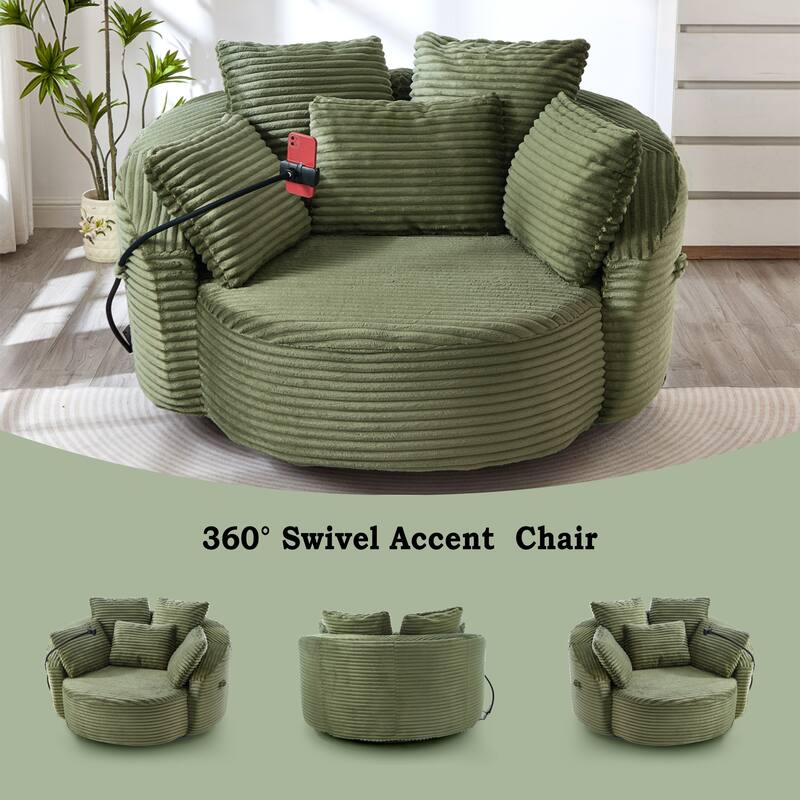 Roomfitters 360 Swivel Barrel Accent Chair with Adjustable Phone Holder and 5 Throw Pillows, Corduroy