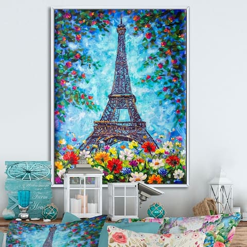 Designart "Eiffel Tower Paris With Spring Flowers" French Country Framed Canvas Wall Art