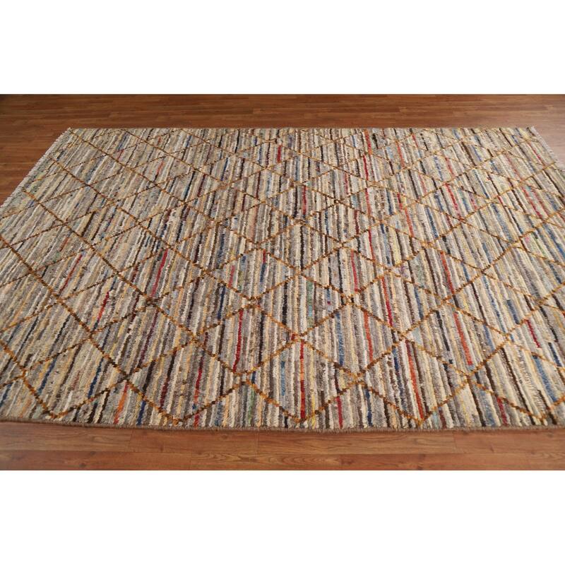 Hand Knotted Oriental 100% Wool Carpet Modern Stripe Multi-Colored Moroccan Area Rug - 9' 9'' X 6' 7''