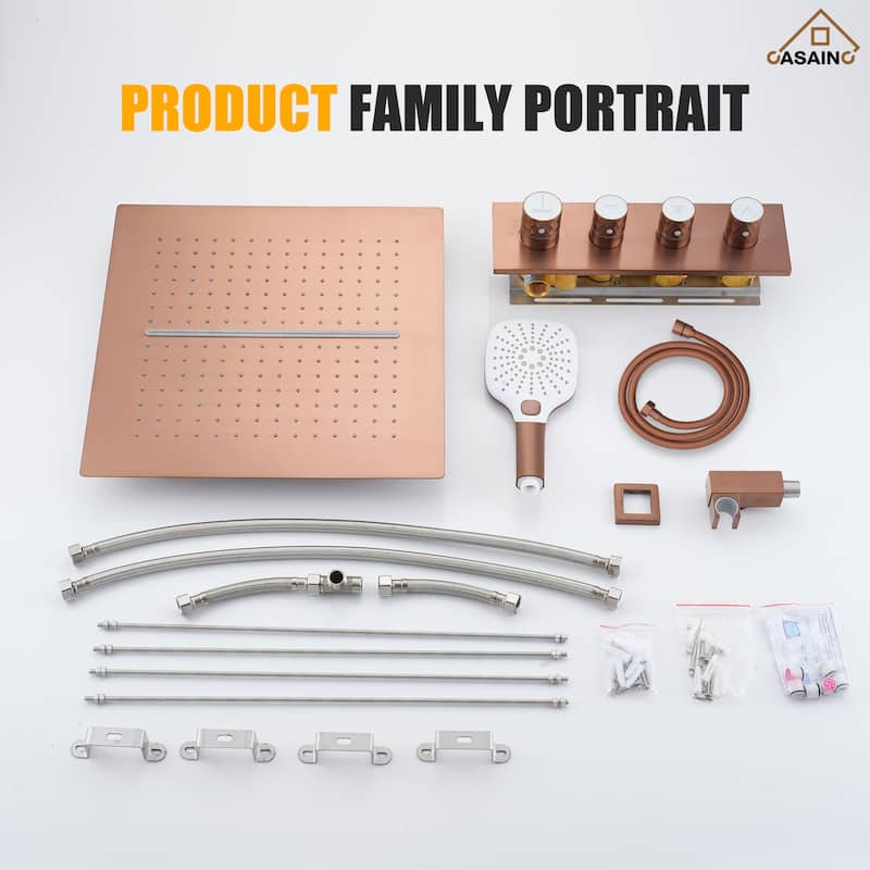 Luxury Thermostatic Shower System 5-Spray Patterns 16" Ceiling Mount Fixed and Handheld Shower Head - 15.7" x 15.7"