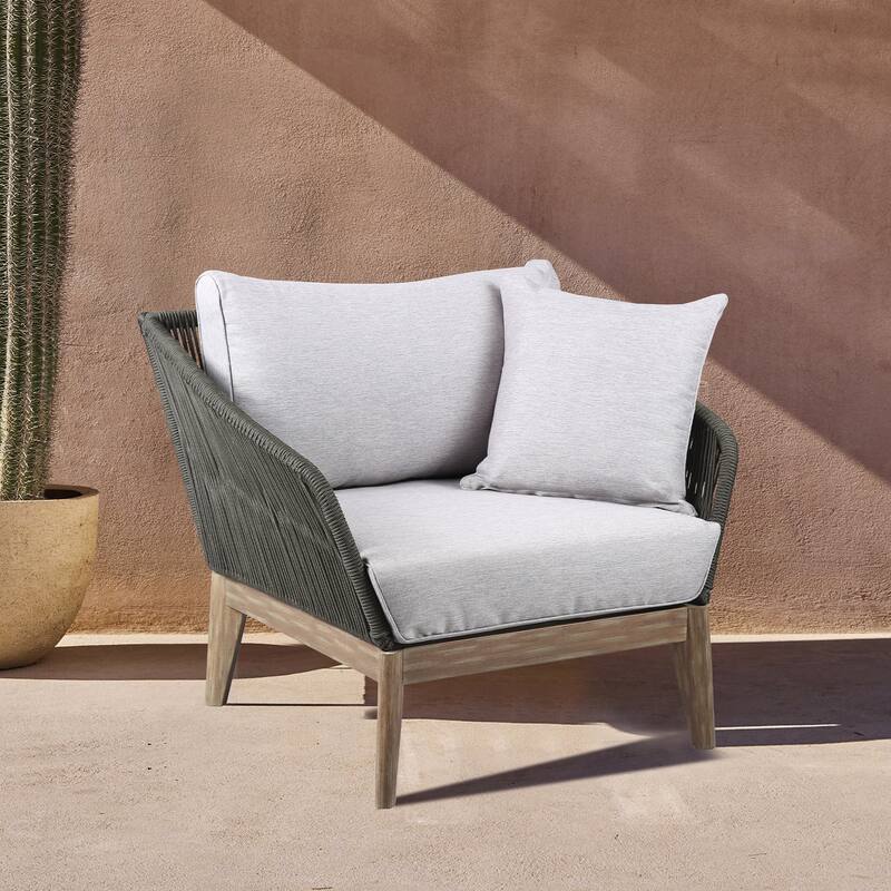 Athos Solid Eucalyptus Wood and Charcoal Rope Outdoor Patio Club Chair with Cushions - Light Eucalyptus