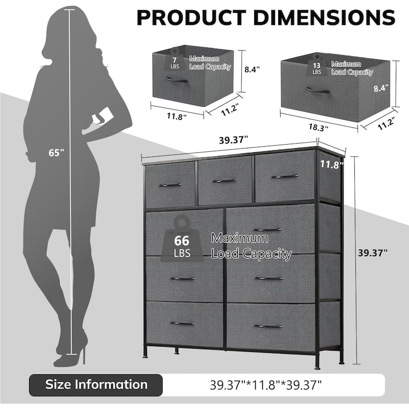 Dresser for Bedroom with 9 Drawers, Anti-Tip Tall Fabric Chests Storage Organizer Tower Furniture with Wooden Top Metal Frame