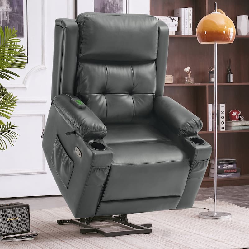 MCombo Large Dual Motor Power Lift Recliner Chair with Massage and Heat for Elderly People, Faux Leather - Dark Grey