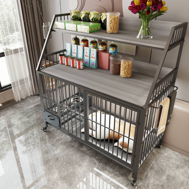 Large Pet Cage with Storage Rack, Drawers with Food and Water Basins, Double-Layer Storage Rack, Iron Frame and MDF Material