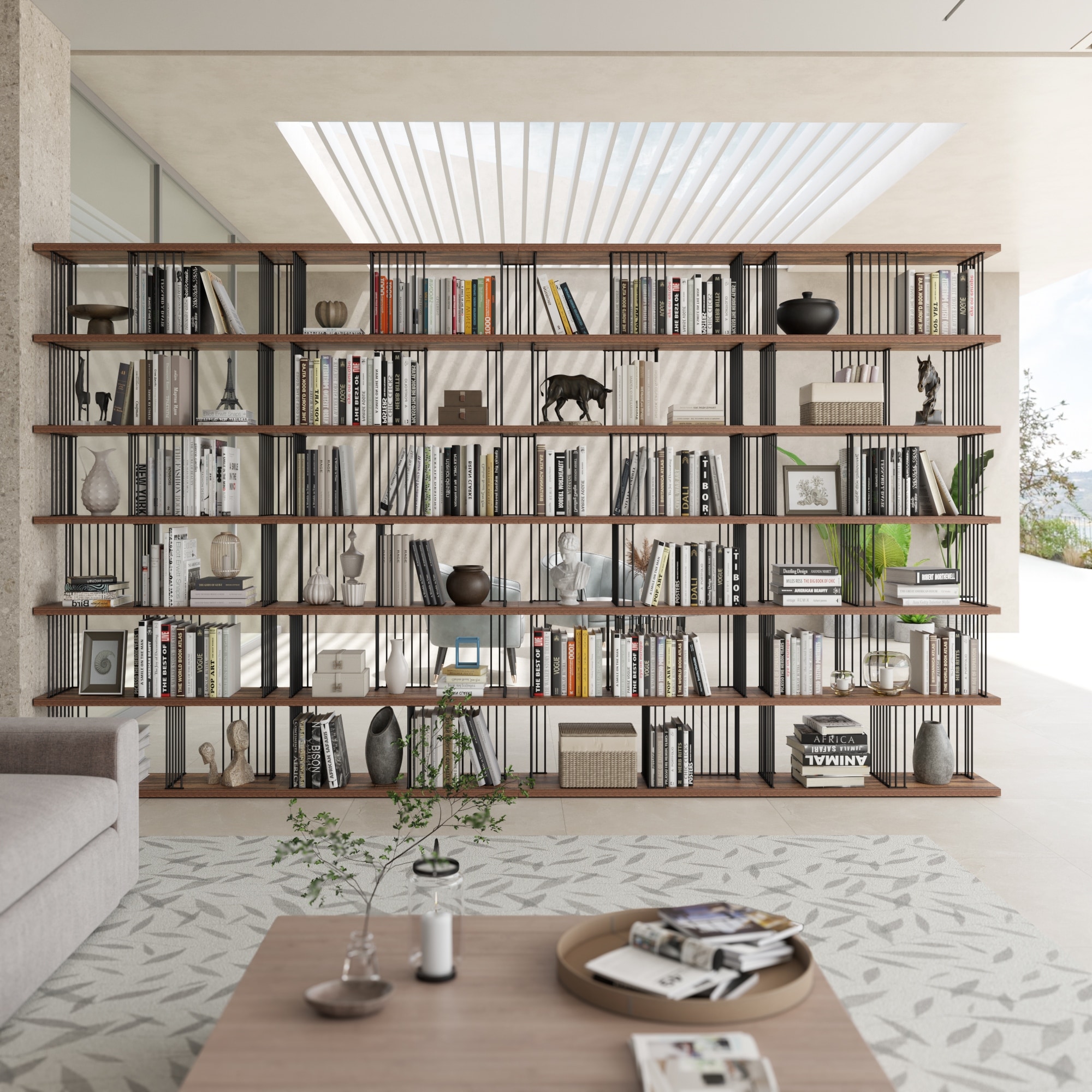 Extra Long Modern Antique Walnut & Steel Room Divider Bookcase - 189'' x 86.2'' x 11.8''