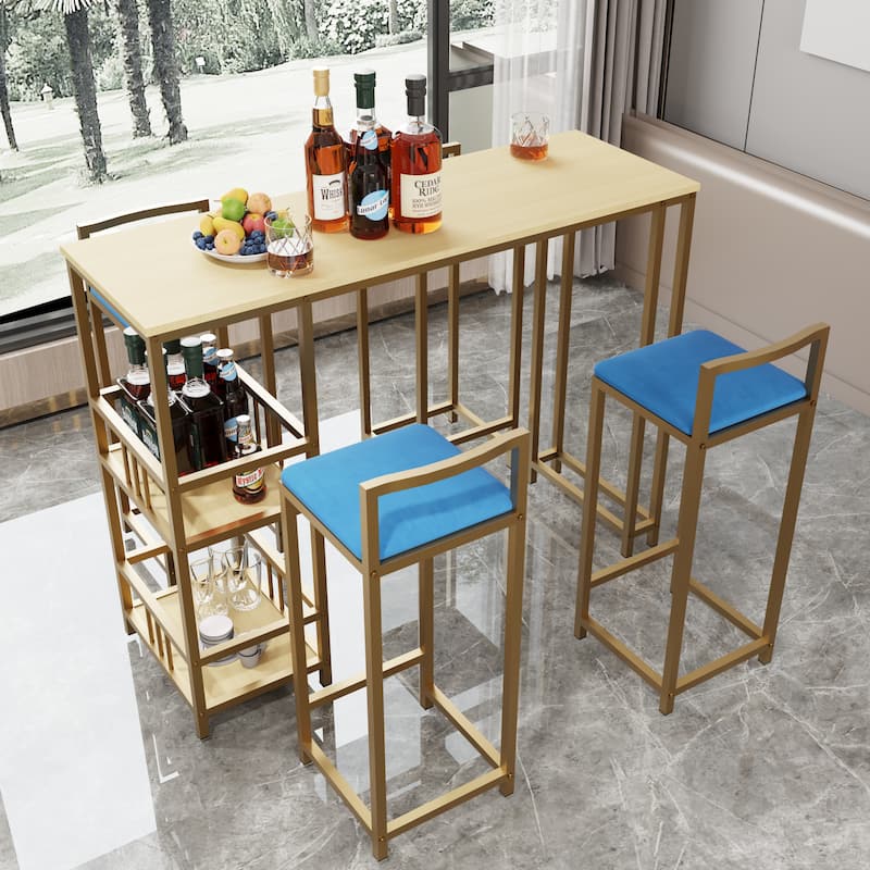 5-Piece Bar Table Set with 4 Navy Stools & Storage Shelf