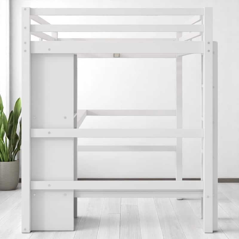 Full Loft Bed with Built-in Desk and Playful Shelves, Modern Wood Frame with Guardrails, Space-Saving Design