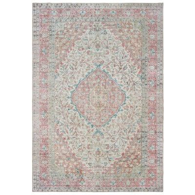 Vista Home Savannah Antiqued Medallion Ivory and Pink Area Rug