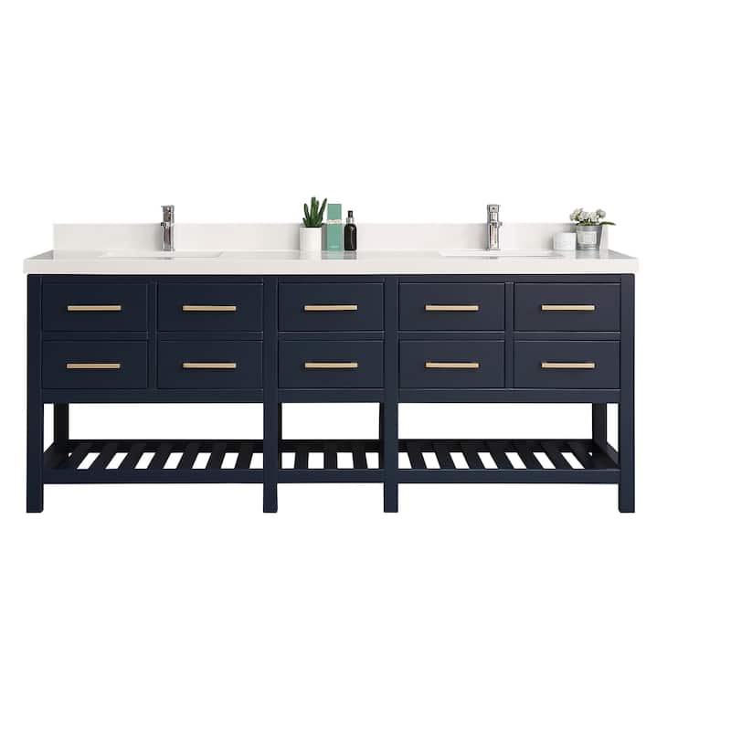 Willow Collections 84 x 22 Santa Fe Double Bowl Sink Bathroom Vanity with 2 in Quartz - 84 IN White Top - Navy Blue