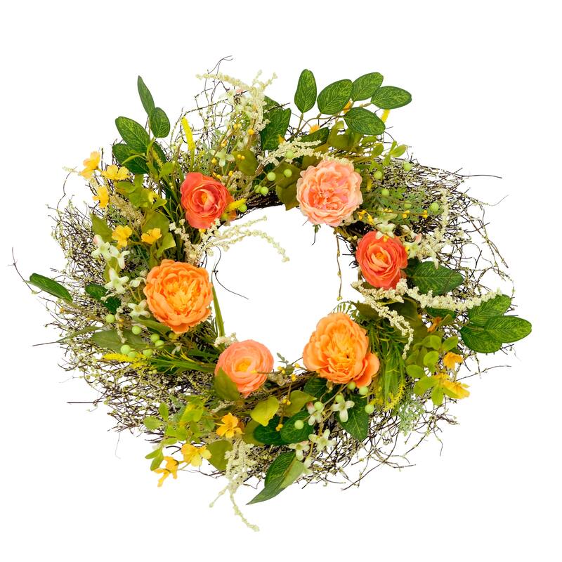 Puleo International 24" Artificial Peony Floral Spring Door Wreath, Multicolor