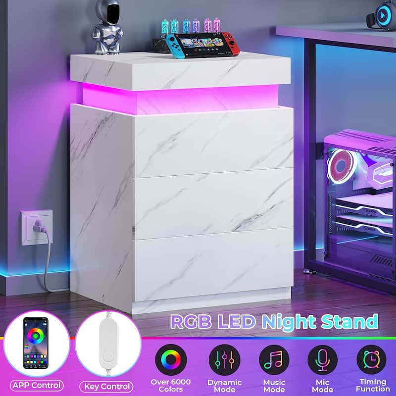 Bedroom Nightstand Charging Station LED Lights Sliding Top 3 Drawers
