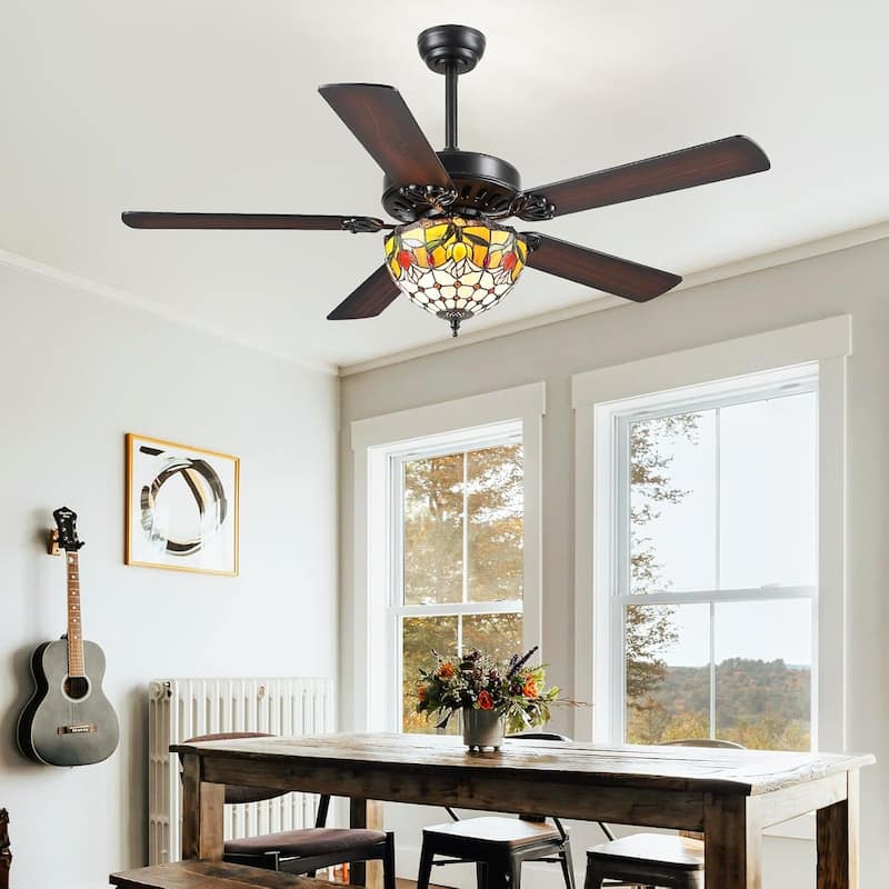 50" TiffanyTropical Ceiling Fan with 5 Palm Leaf Bllades and Vintage Cover Waterproof for Indoor and Outdoor Patio