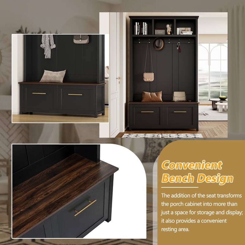 4-in-1 Multi-Functional Hall Tree – Wood Grain Storage Bench with 6 Golden Hooks & 2 Drawers – Entryway Organizer for Hallway