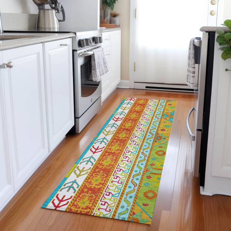 Machine Washable Indoor/ Outdoor Boho Tribal Chantille Rug