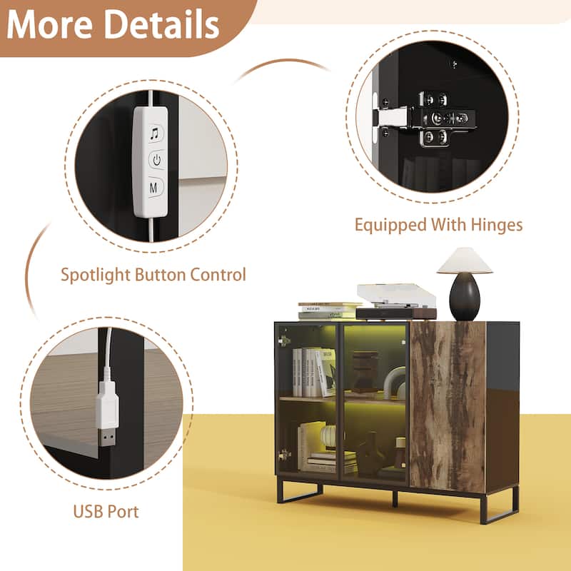 Sideboard Bookshelves Cabinet with LED Light,Glass Doors 47.2” Storage Display Cabinet - 47.2"W