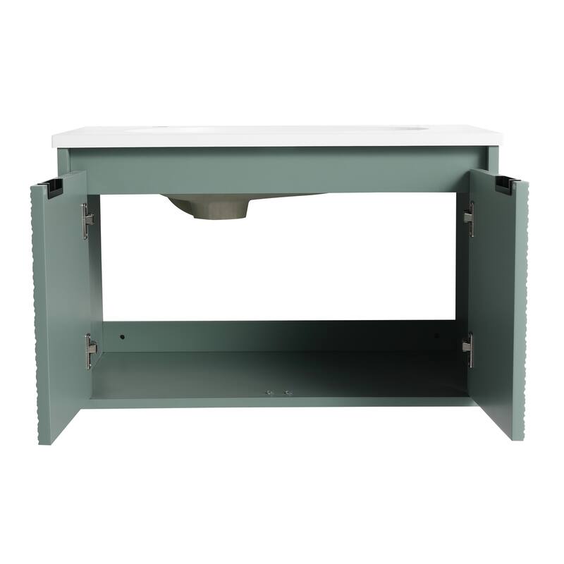 White Double-Door Wall-Mounted Vanity with Drop-Shaped Resin Sink, Soft-Close Hinges, and Hidden Metal Handles