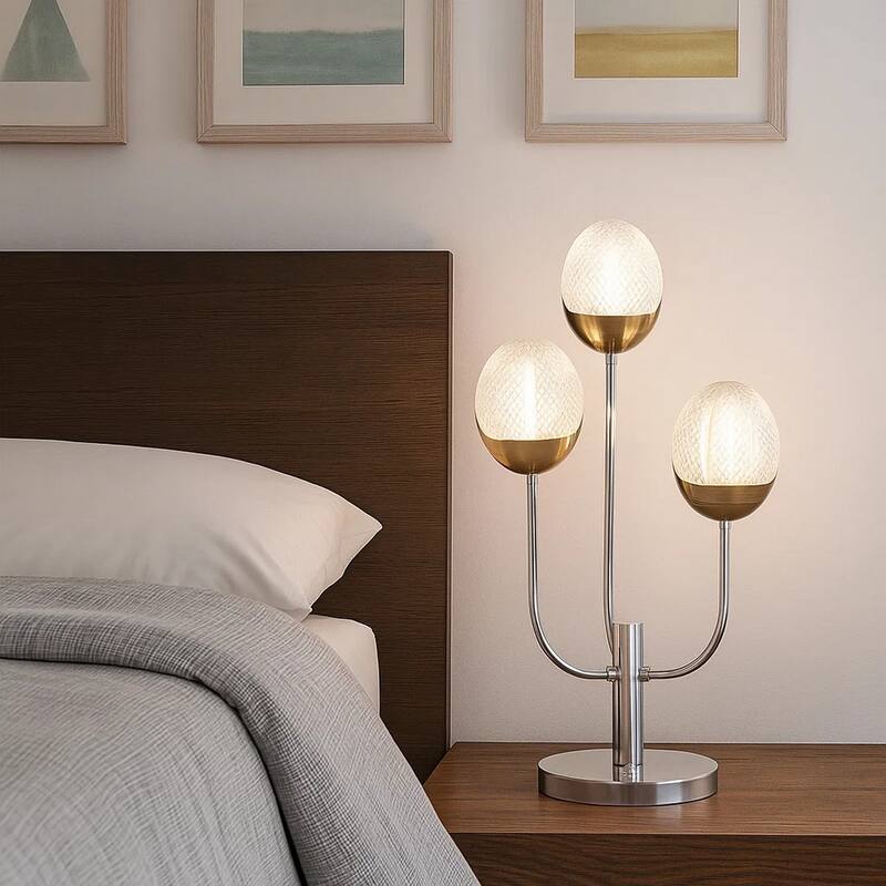 25 Inch Table Lamp, 3 Globe Crystal Shades, Modern Nickel Metal Base