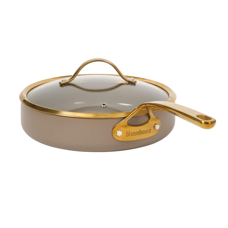 Bloomhouse Pots and Pans Heavy Duty Aluminum Premium PFA Free Ceramic Nonstick - Cappucino Cream with Gold Handle
