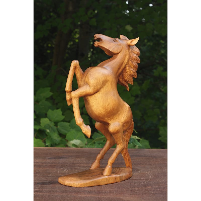 12" Wooden Hand Carved Rearing Horse Art Figurine Statue Sculpture Handcrafted Handmade Decorative Home Decor Accent Decoration