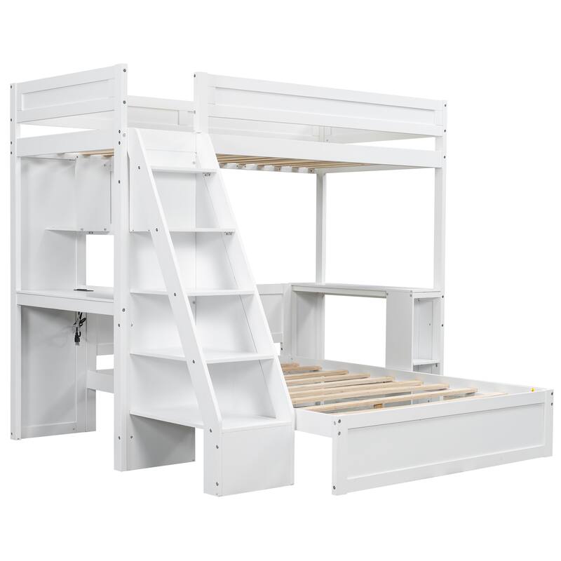 Roomfitters Twin XL Over Full Bunk Bed with Built-In Desk, USB Port and Shelves