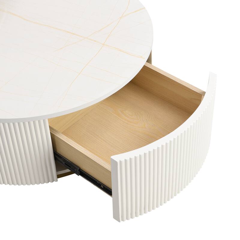 Modern Round Nesting Coffee Table with Drawer and Gold Base for Living Room