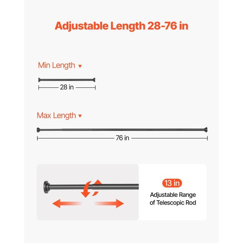 Black Stainless Steel Extendable Shower Rod 28-76 in for Bathrooms Closets or Windows Porches - 28-76 in