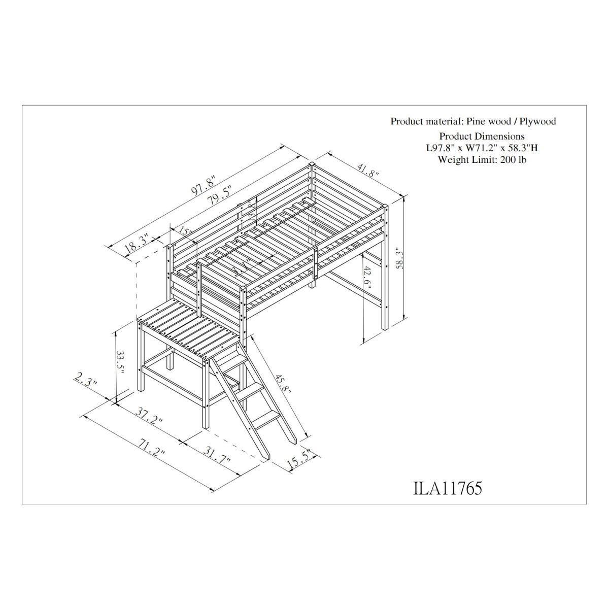 Twin Size Loft Bed with Platform and Ladder, Modern Simple Style Kid's
