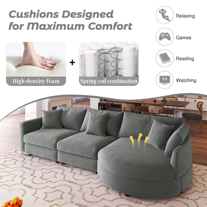 Roomfitters 107" Chenille Fabric 3-Piece Sectional Sofa, Modern Large L-Shaped Couch with Rounded Curved Chaise