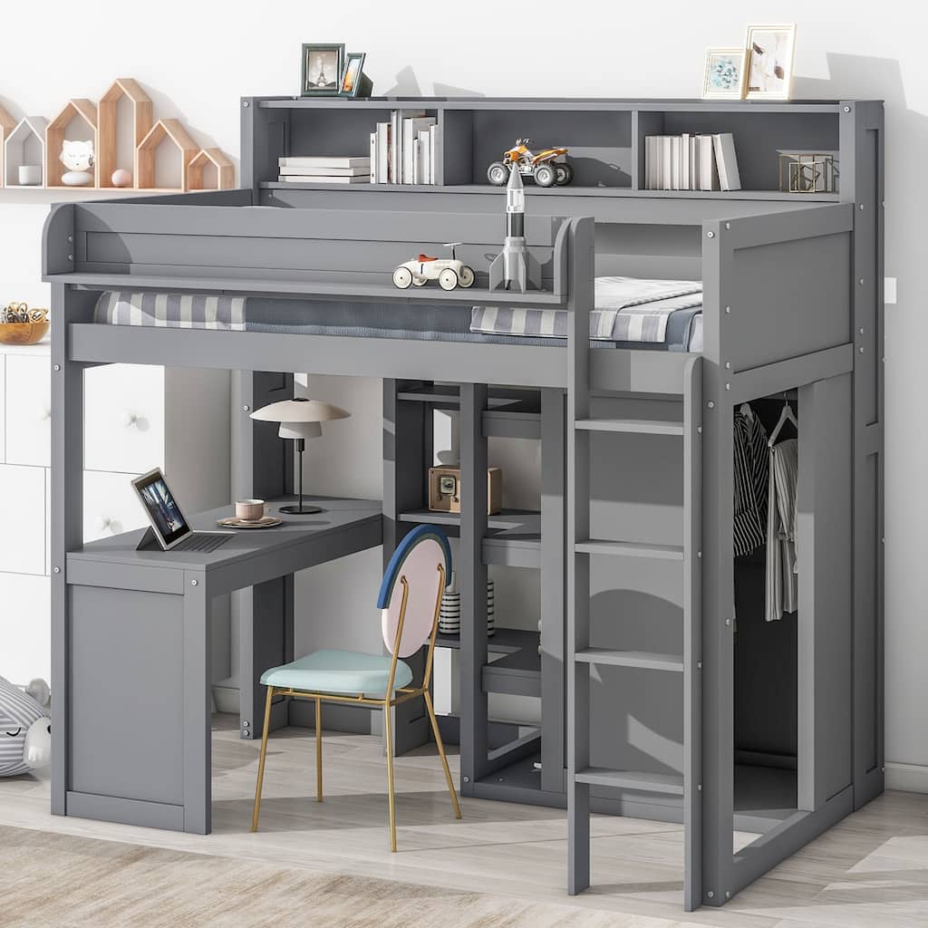 Twin Size Loft Bed with Storage Shelves, Wardrobe, and Built-in Desk, Gray