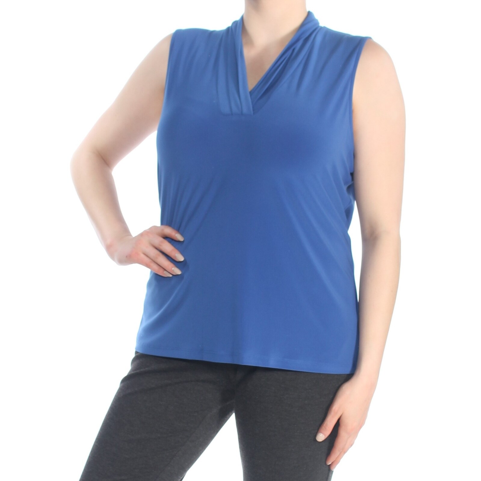 Shop Anne Klein Womens Blue Triple Pleat Sleeveless Blouse Top