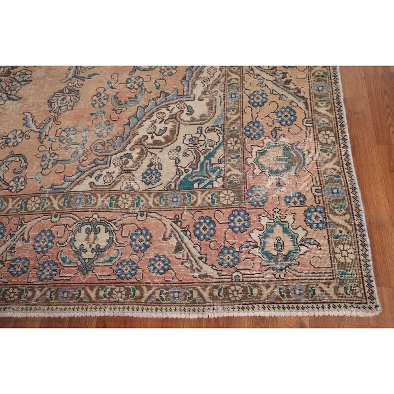 Distressed Tabriz Vintage Persian Rug Dining Room Handmade Wool Carpet - 9'3" x 12'9"