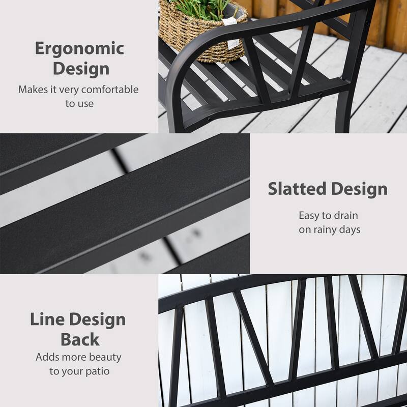 50" Metal Garden Bench for 2 People, Park-Style Patio Seating