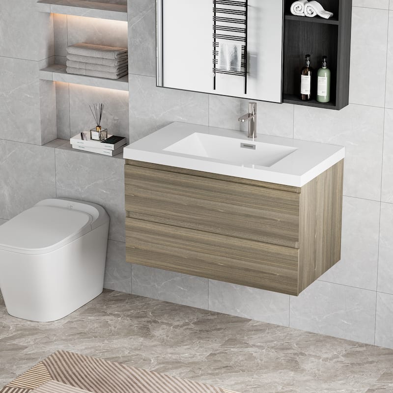 36"Bathroom Vanity with Sink,Modern Wall-Mounted Bathroom Storage Vanity Cabinet with Resin Top Basin and Soft Close Drawers