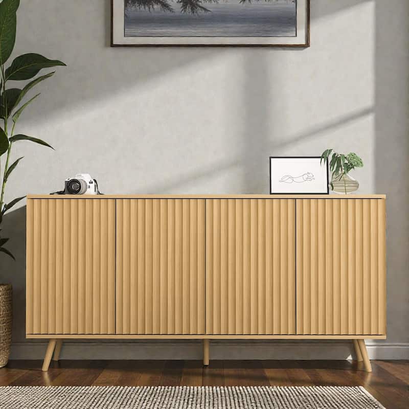 Modern Farmhouse Sideboard Storage Cabinet with 4 Doors, Wood Coffee Bar Credenza Console with Adjustable Shelves - Natural
